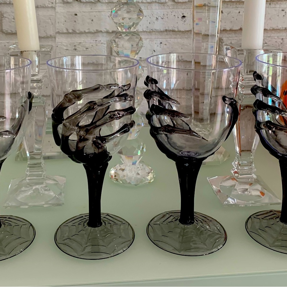 Spooky Skeleton Hand Goblet Acrylic Halloween Black Wine Glasses Set of 4